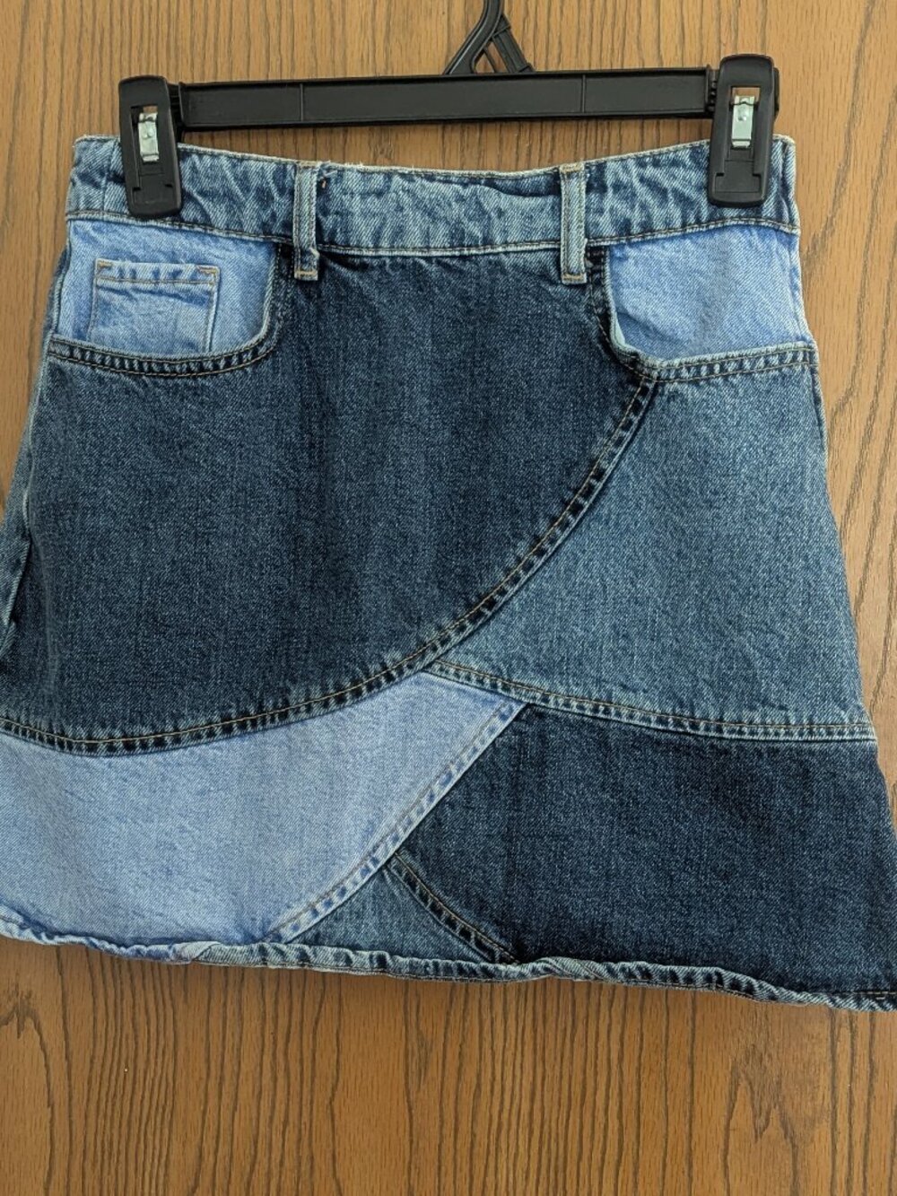 Zara Patchwork VTG Inspired Denim Multi‎ Tone Blue Jean Mini Skirt Side Zip-XS